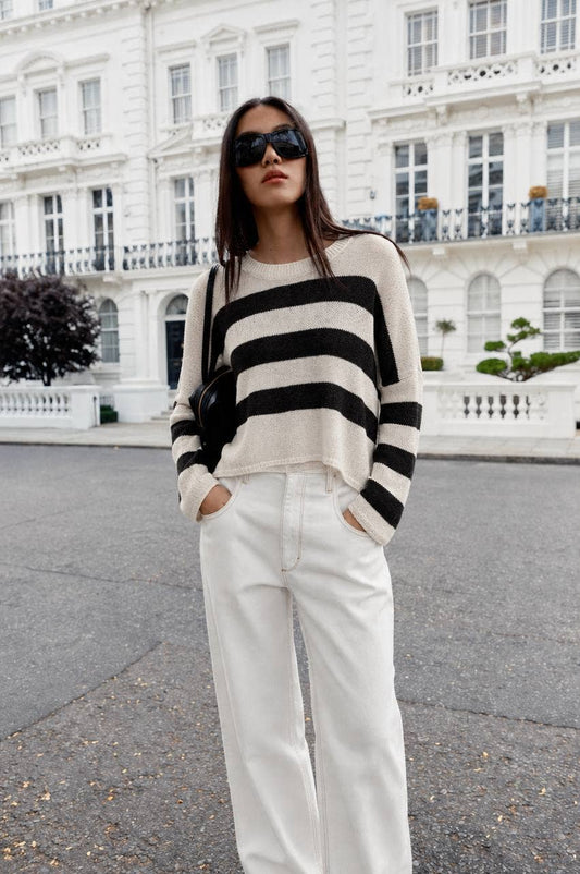 Women's Oversized Striped Knit Crop Sweater: Navy Blue
