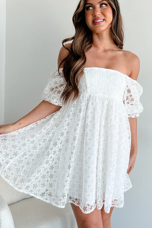 IG White Floral Lace Puff Sleeve Empire Waist Mini Dress