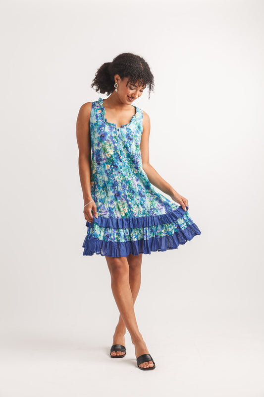 Papillon PD20622 Blue Watercolour Ruffle Hem Dress