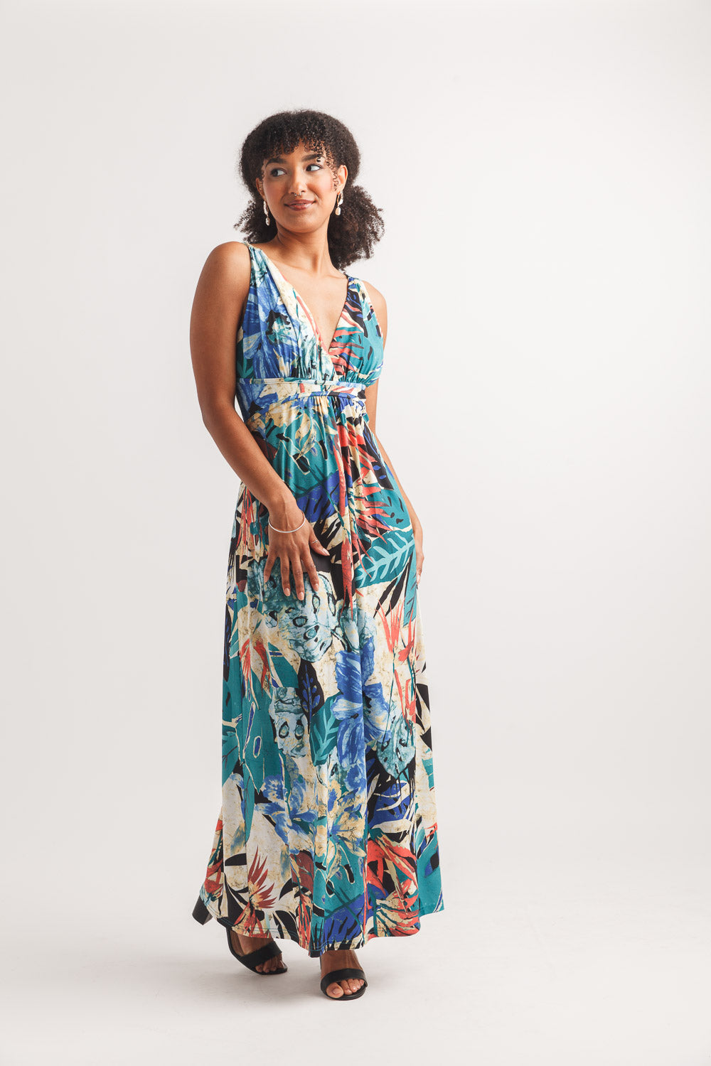 Papillon PD20570 Green Tropical Printed Stretch Grecian Maxi Dress
