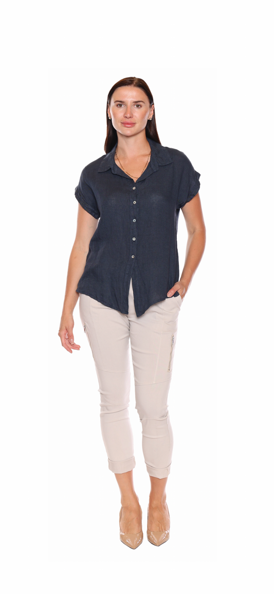 Sorella Navy Linen Button Up Top