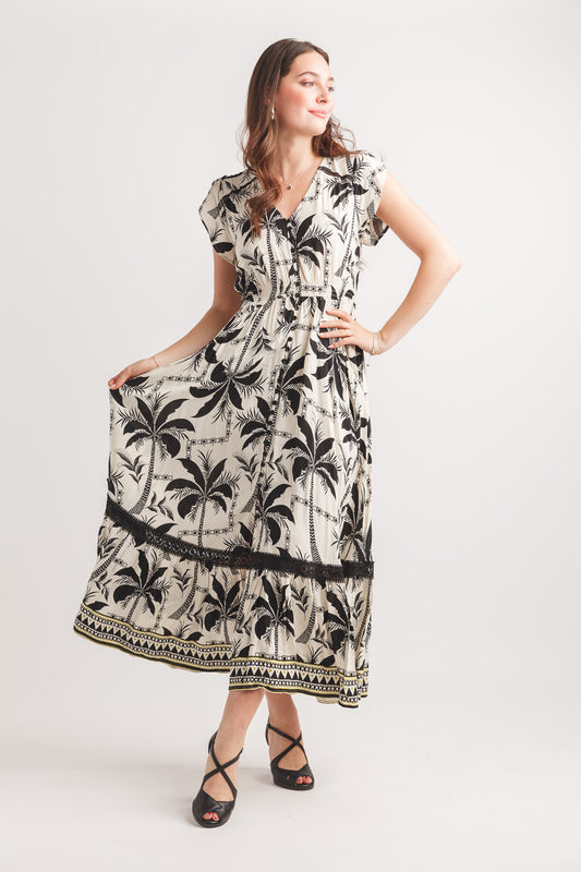 Papillon PD20635 Cream Tropical Print Maxi Dress