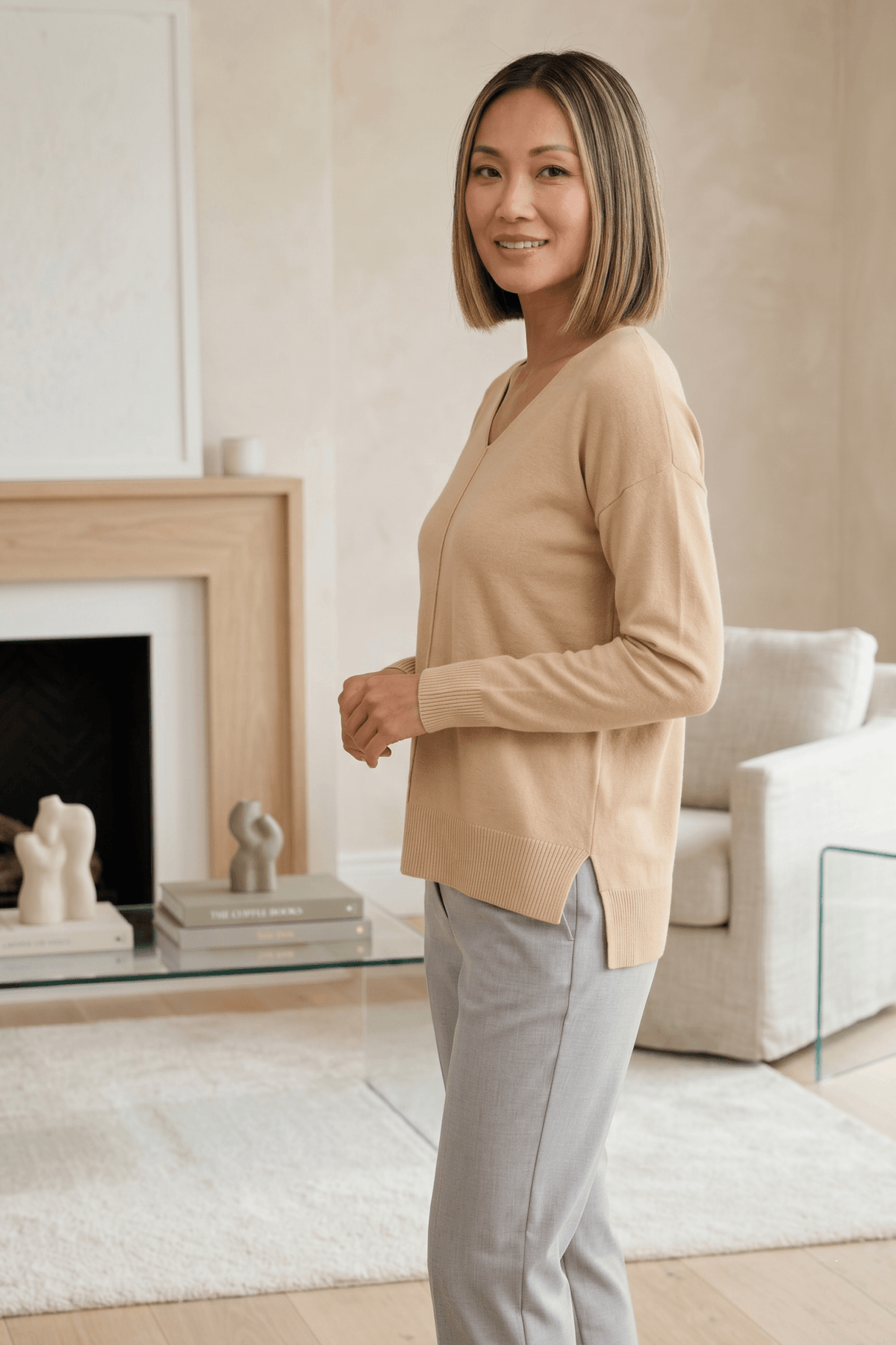 DKR Tan Long Sleeve V-Neck Sweater with Front Centre Seam and High-Low Hem Design