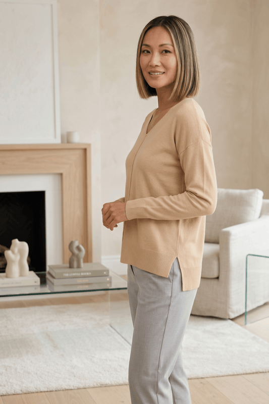 DKR Tan Long Sleeve V-Neck Sweater with Front Centre Seam and High-Low Hem Design