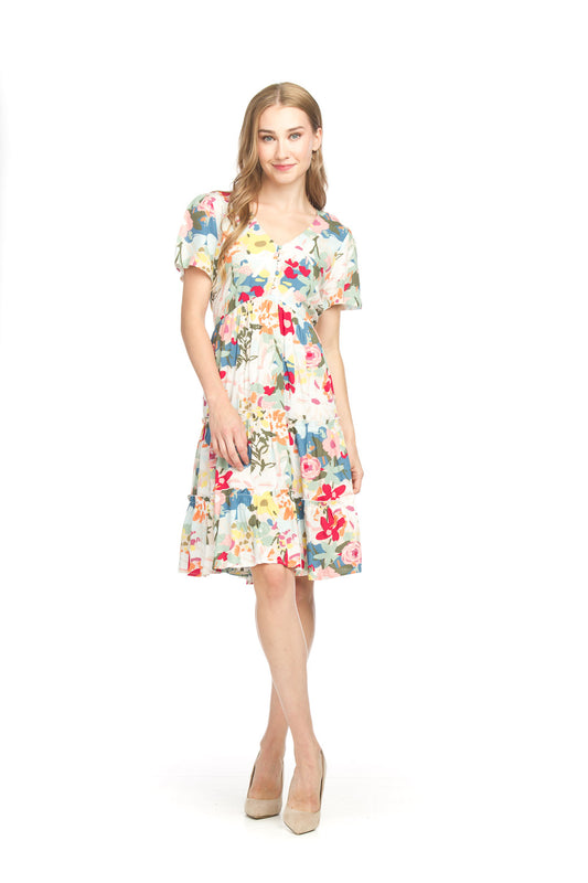 Papillon PD18557 White Floral Short Sleeve Tiered Dress