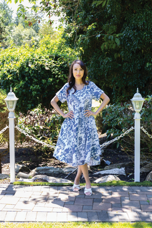 SALE Sorella White and Navy Printed Linen Dress