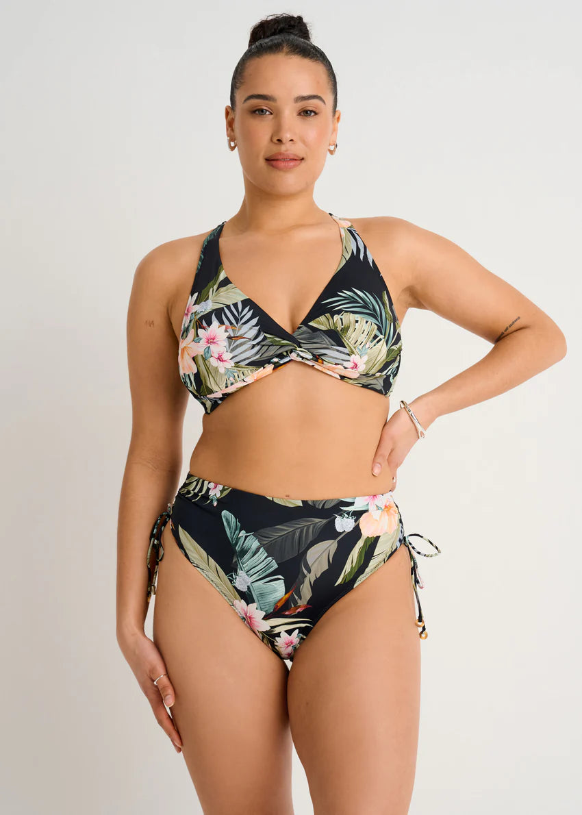 Black Floral Front Twist Full Cup Crop Swim Top