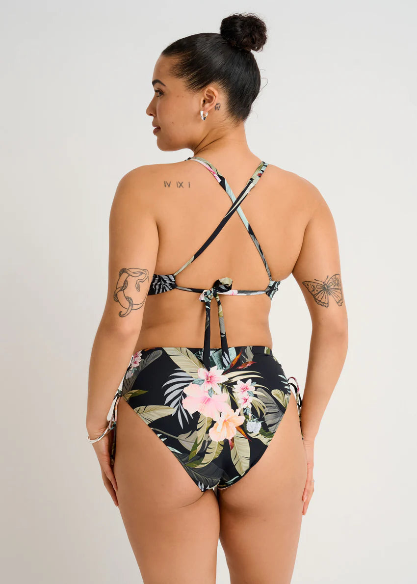 Black Floral Front Twist Full Cup Crop Swim Top