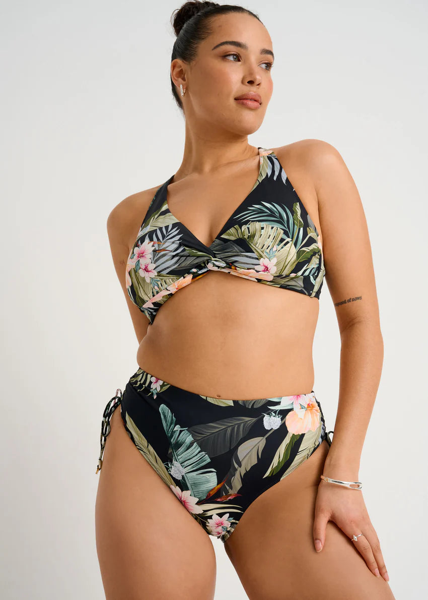 Black Floral Retro Waist Swim Bottom with Shirred Sides