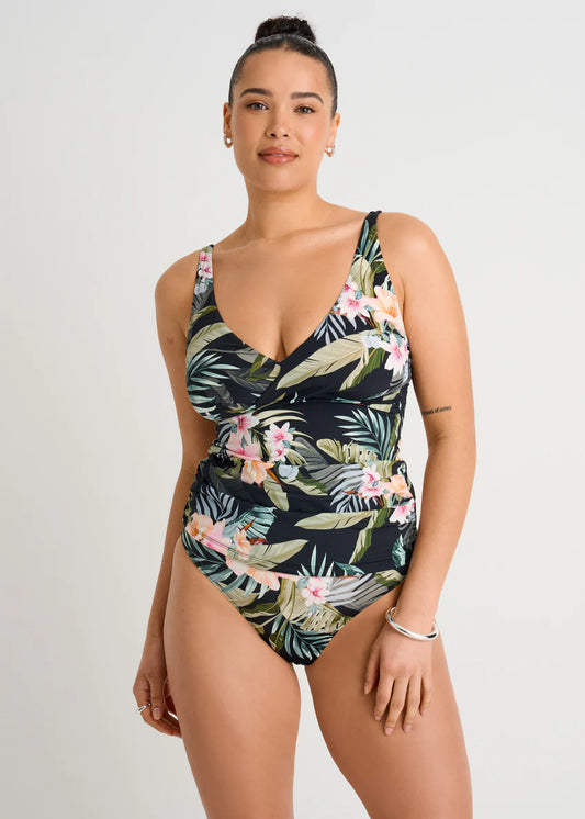 Black Floral Front Twist Tankini Swim Top