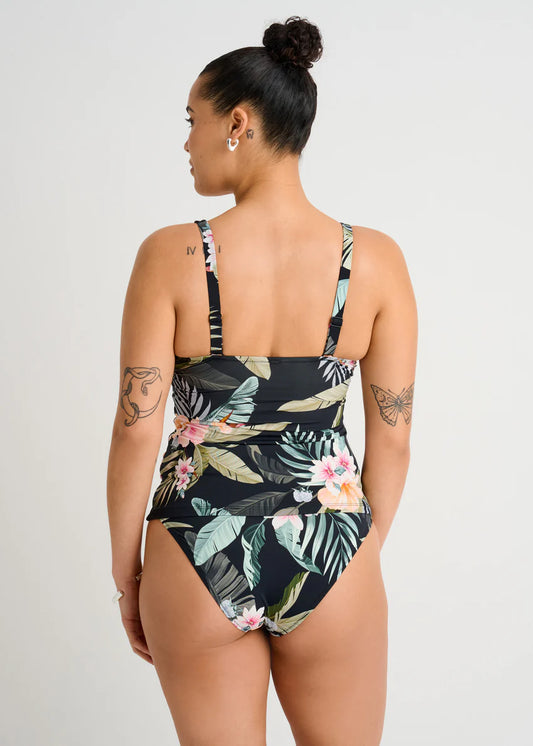 Black Floral Front Twist Tankini Swim Top