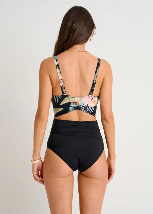 Black Floral Wrap One-Piece Swimsuit
