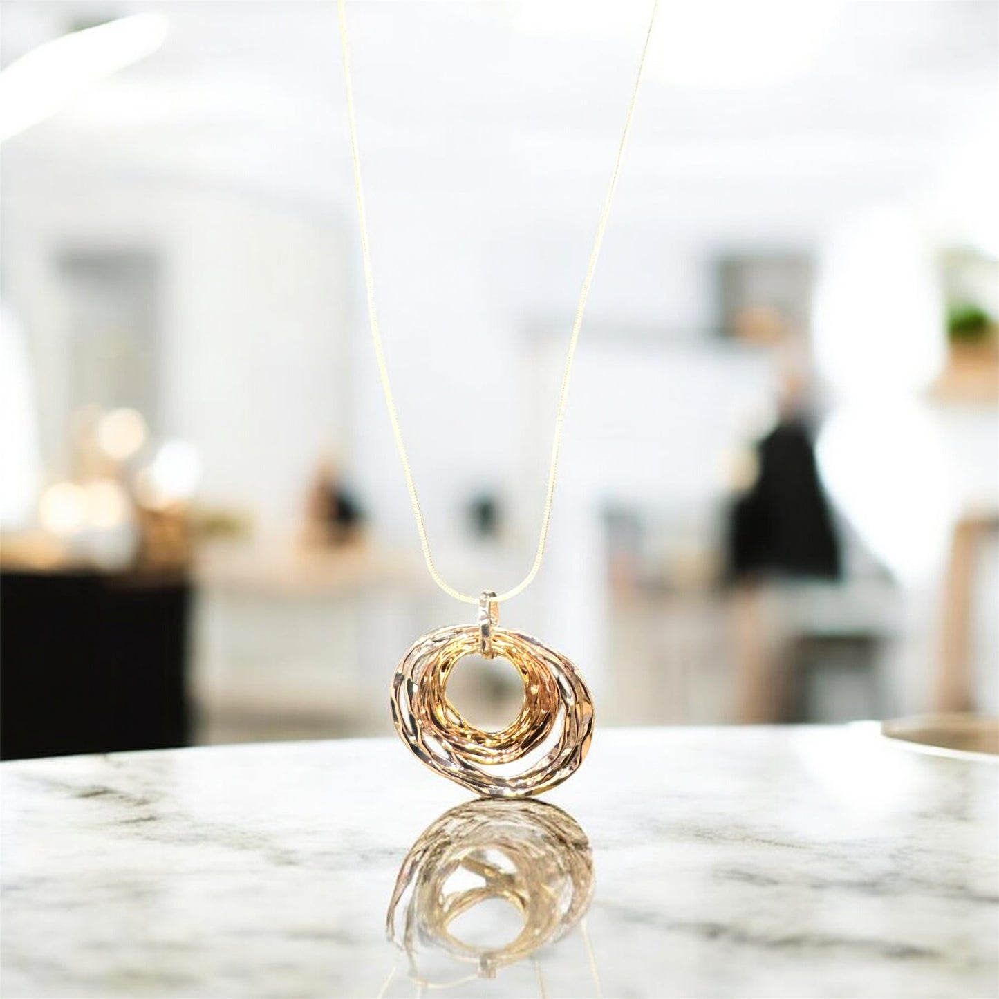 Long Silver Chain with Round Mixed Gold Pendant