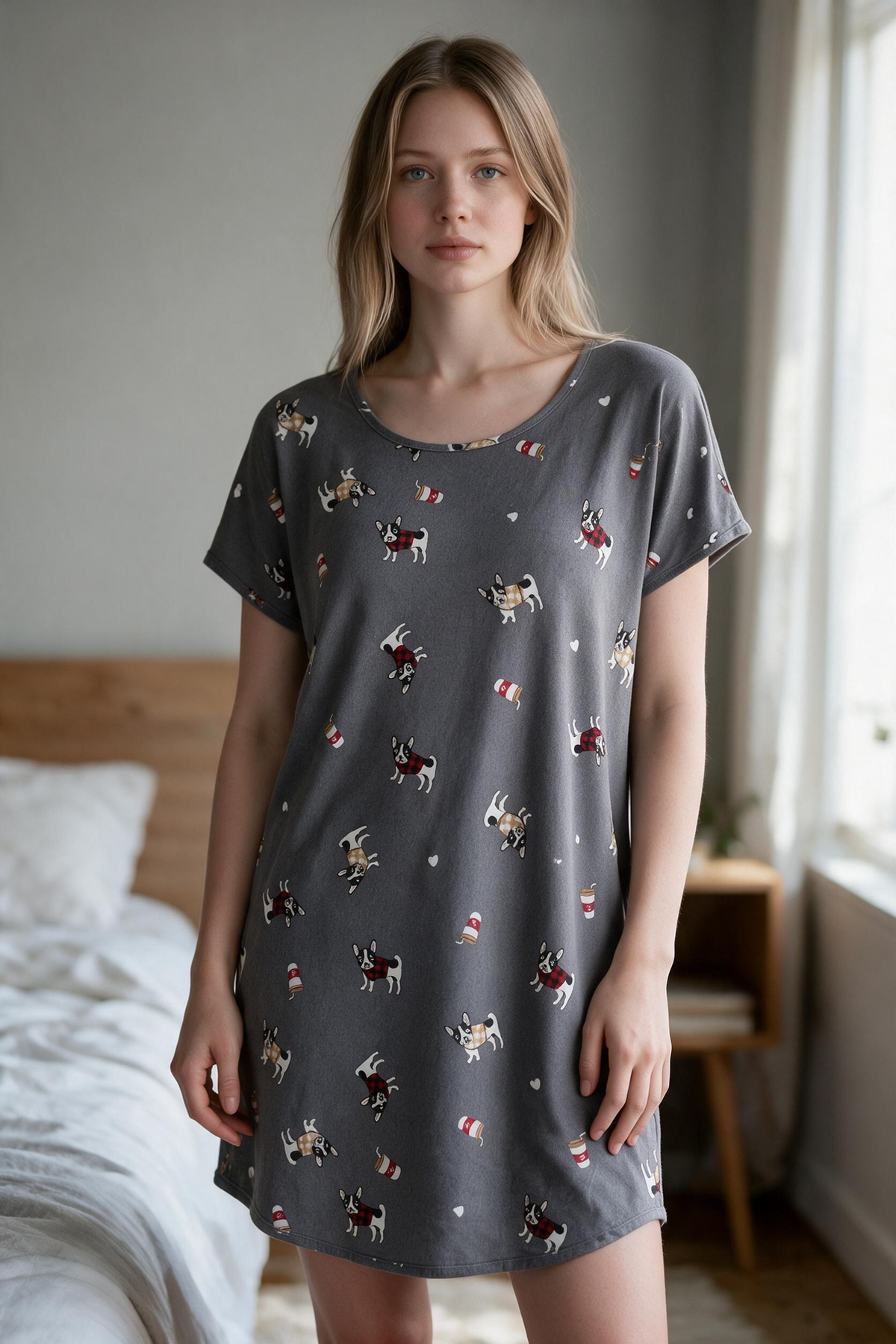 Sleep Shirt Grey Dogs and Coffee