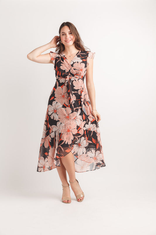 Papillon PD20615 Rust Floral Georgette High Low Maxi Dress