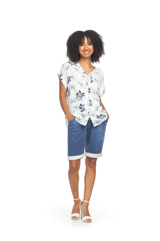 Papillon PT18108 White Floral Crinkle Button Front Top
