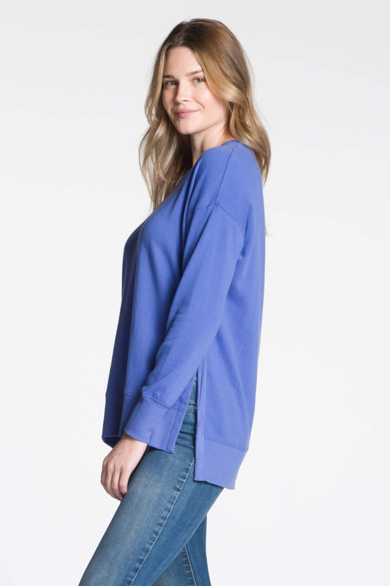 DKR Long Sleeve Crew Neck Top with High-Low Hem and Side Slits in Periwinkle
