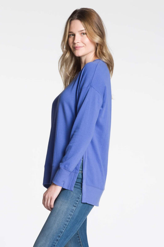 DKR Long Sleeve Crew Neck Top with High-Low Hem and Side Slits in Periwinkle