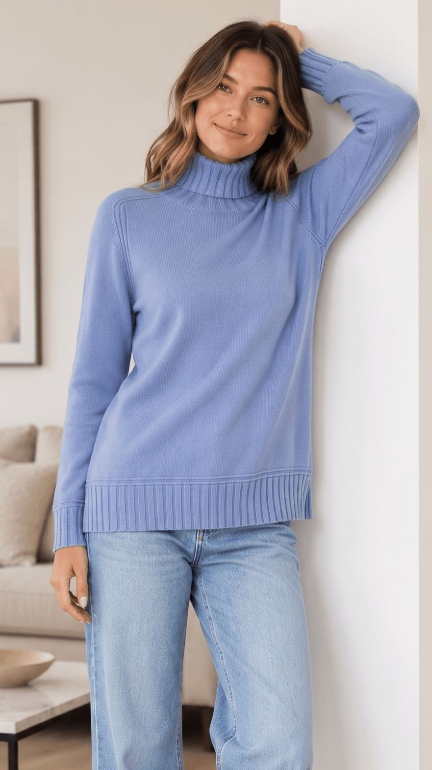 DKR Long Sleeve Rib Turtle Neck Sweater in Blue