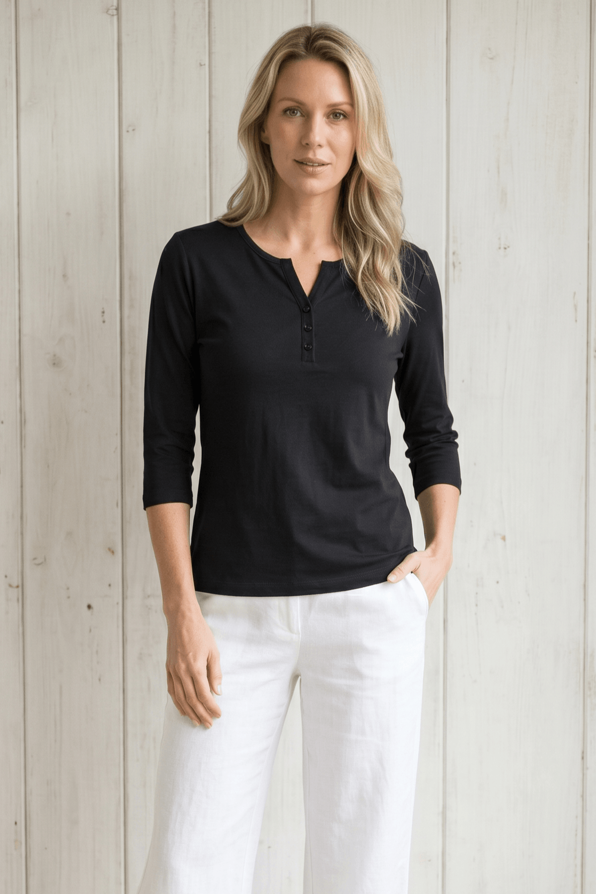 DKR Black 3/4 Sleeve 3 Button Henley Top