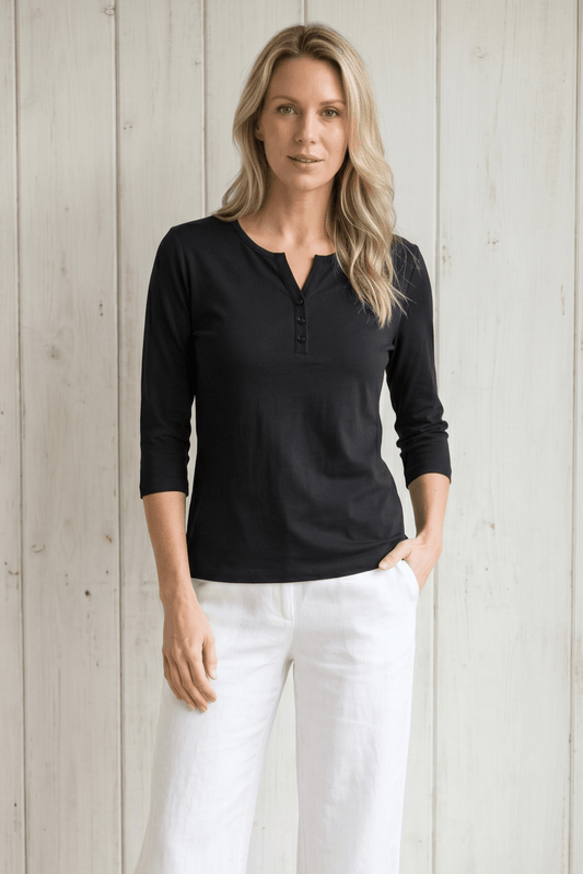 DKR Black 3/4 Sleeve 3 Button Henley Top