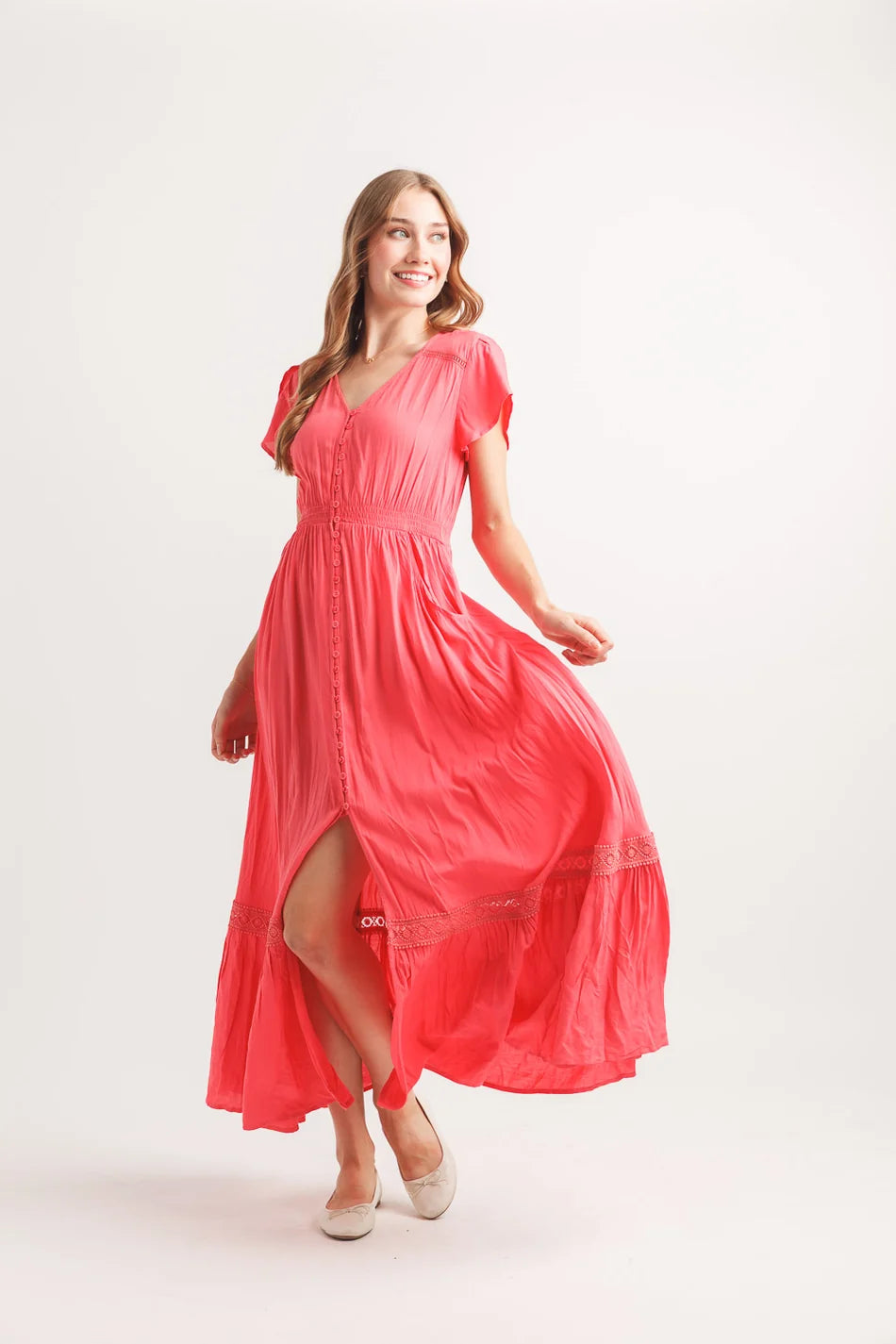 SALE Papillon PD14115 Coral Solid Lace Inset Maxi Dress With Pockets