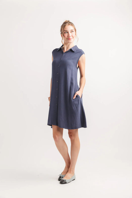 Papillon PD20527 Navy Linen Blend Collared Shirt Dress