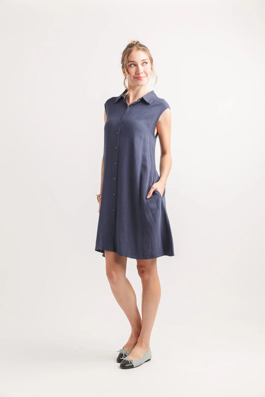 Papillon PD20527 Navy Linen Blend Collared Shirt Dress