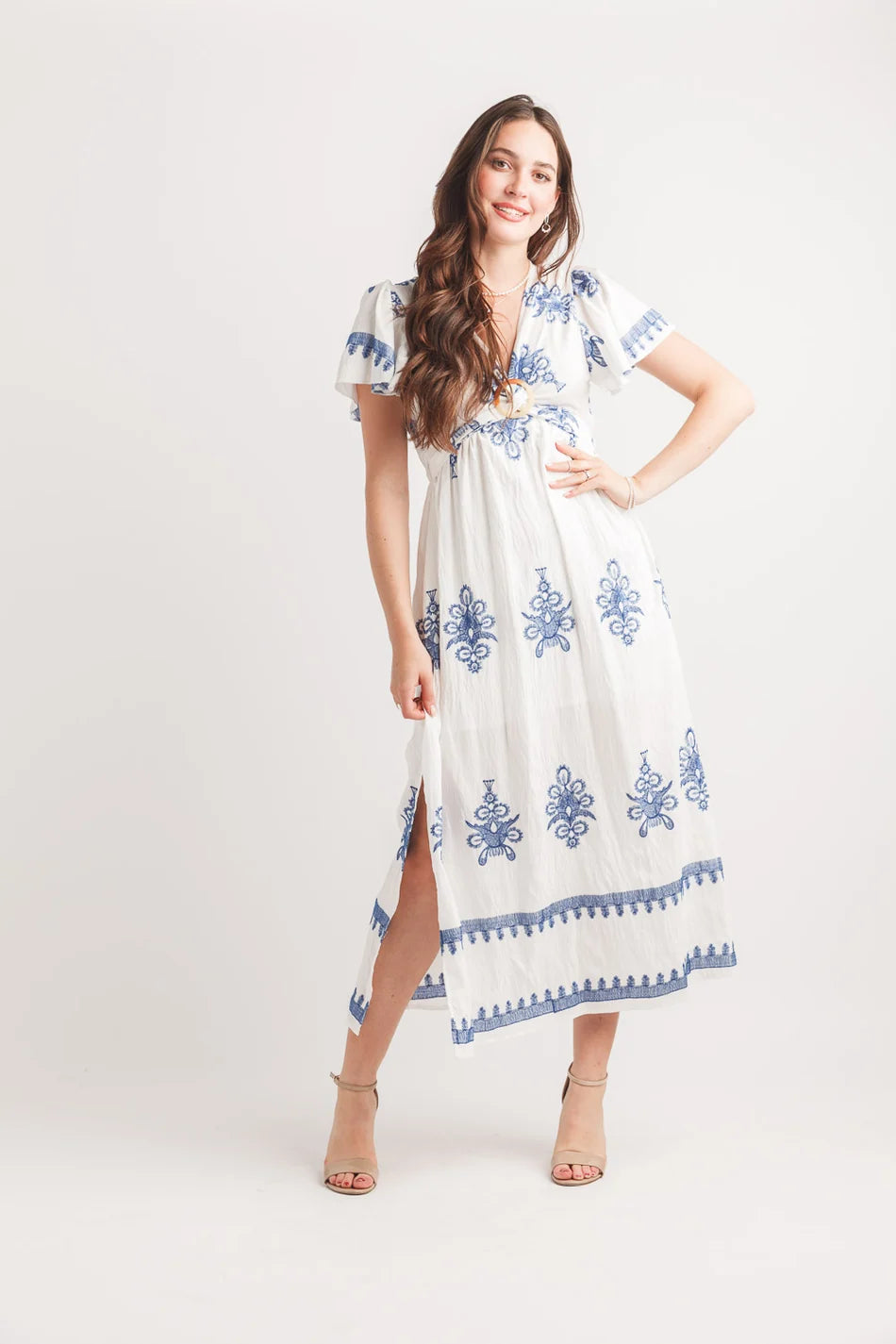 SALE Papillon PD20535 Ikat Look Printed Short Sleeve Maxi Dress