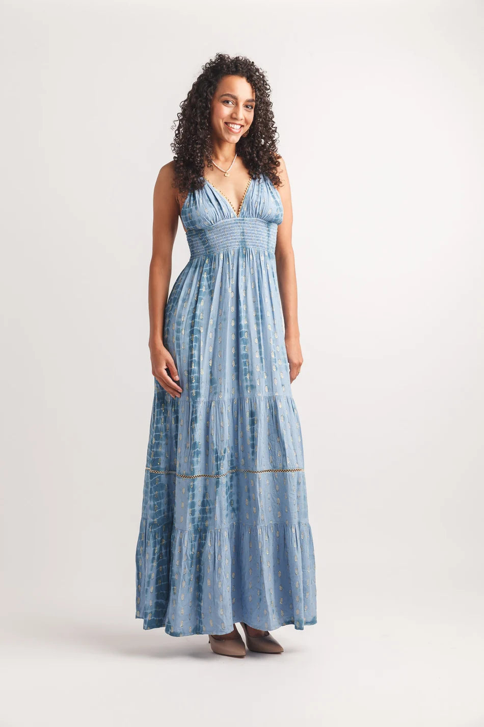 Papillon PD20567 Tie Dye V Neck Maxi Dress W Metallic Detailing