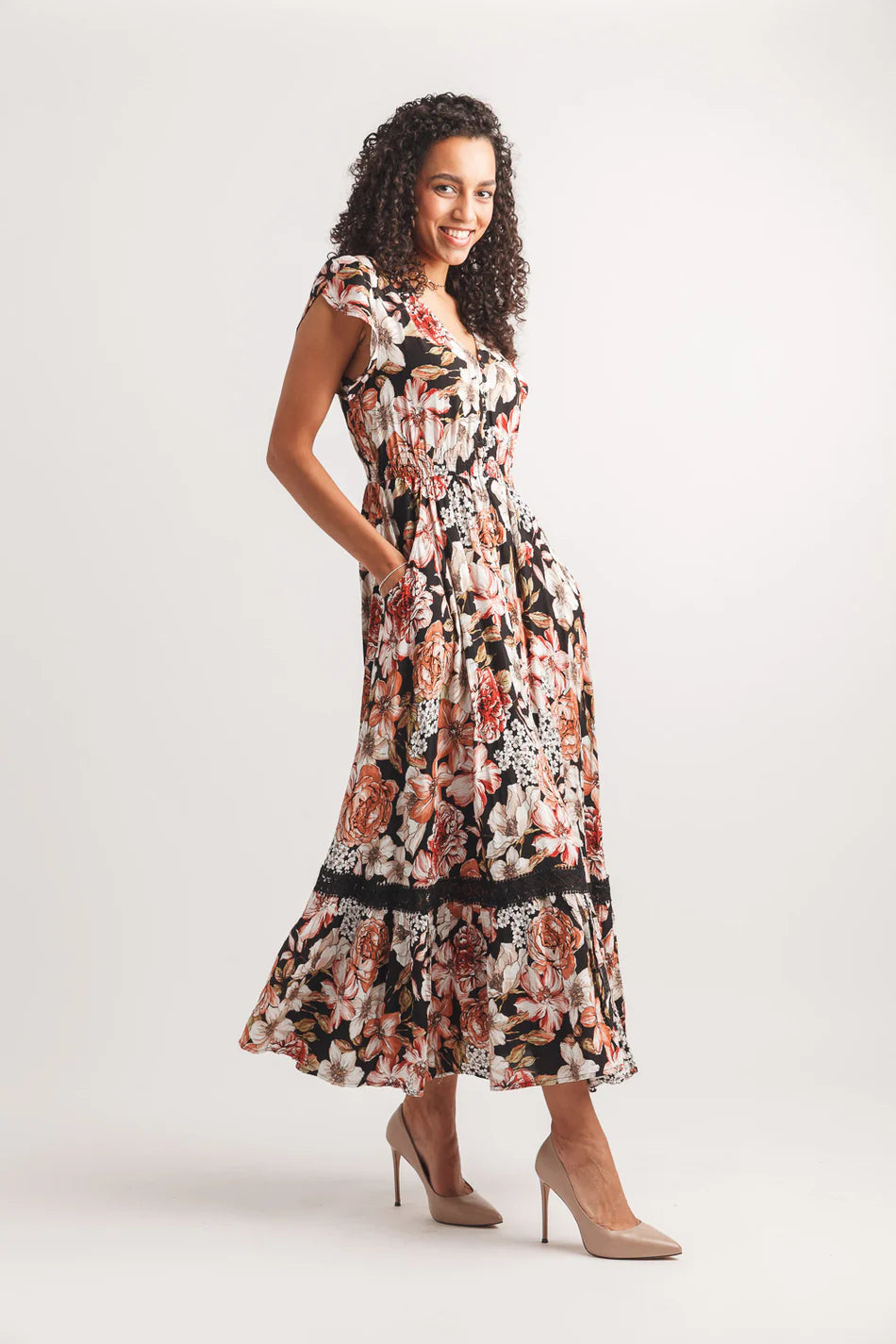 Papillon PD20624 Floral Short Sleeve Maxi Dress With Elastic Waist