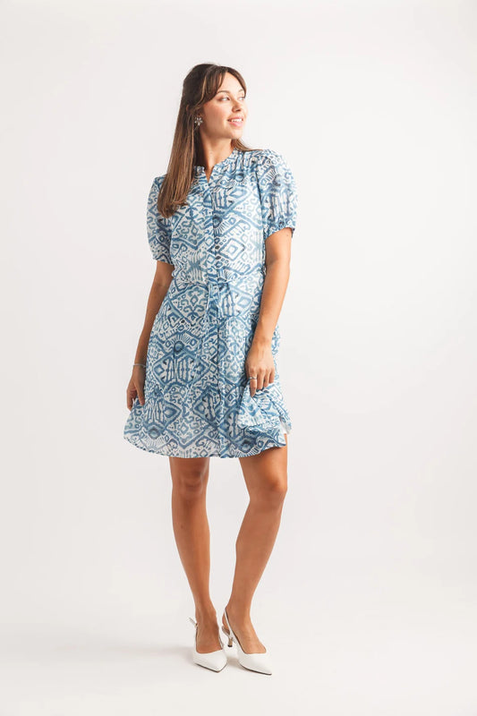 SALE Papillon PD20658 Geo Print Puff Sleeve Dress With Tie Belt