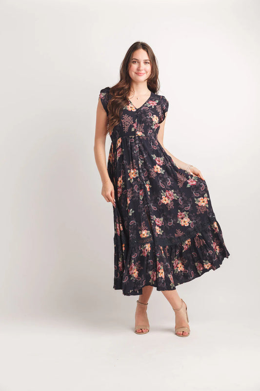 Papillon PD20667 Floral Short Sleeve Button Front Maxi Dress