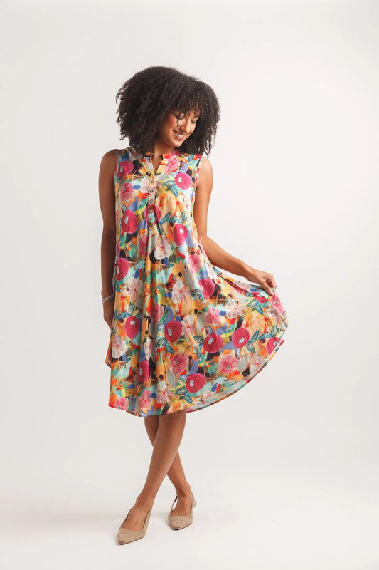 SALE Papillon PD20571 Abstract Floral Henley Swing Dress with Pockets