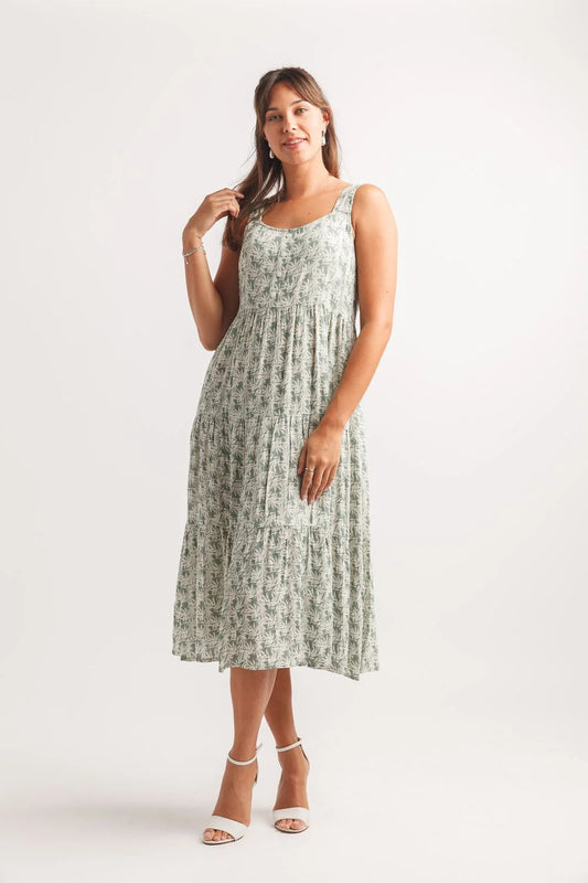 SALE Papillon PD20574 Sage Sleeveless Tiered Leaf Print Dress