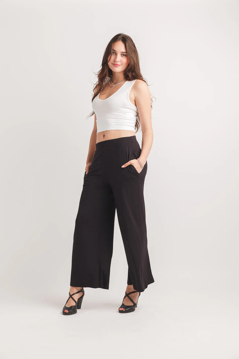 Papillon PP14808 Black Stretch Bamboo Wide Leg Pants with Pockets