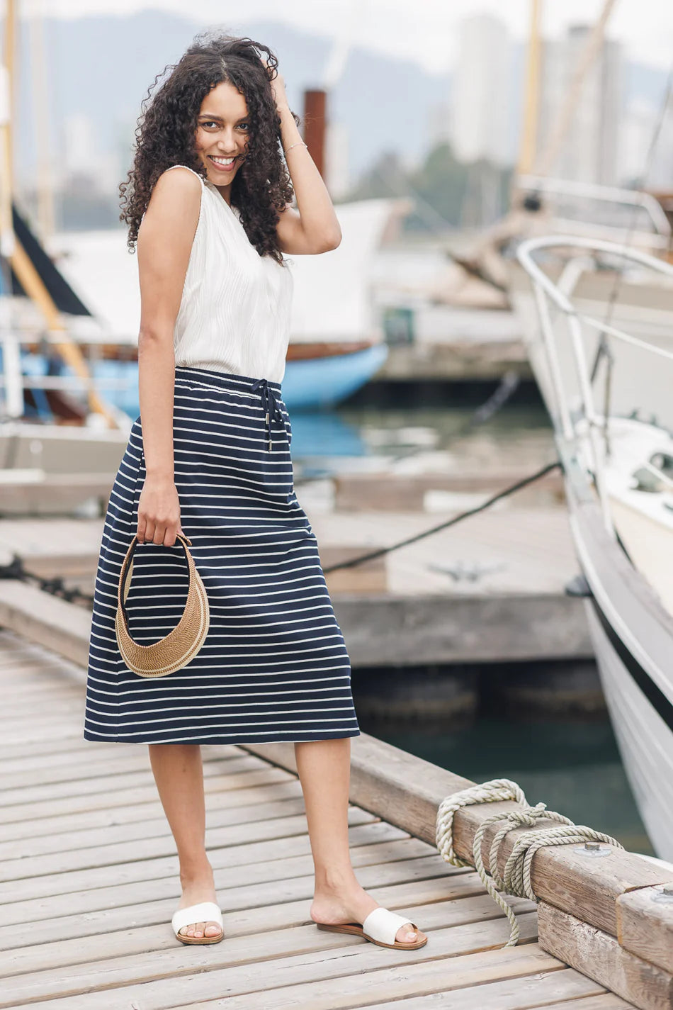 Papillon PS20902 Knit Striped Navy Skirt with Elastic Waist
