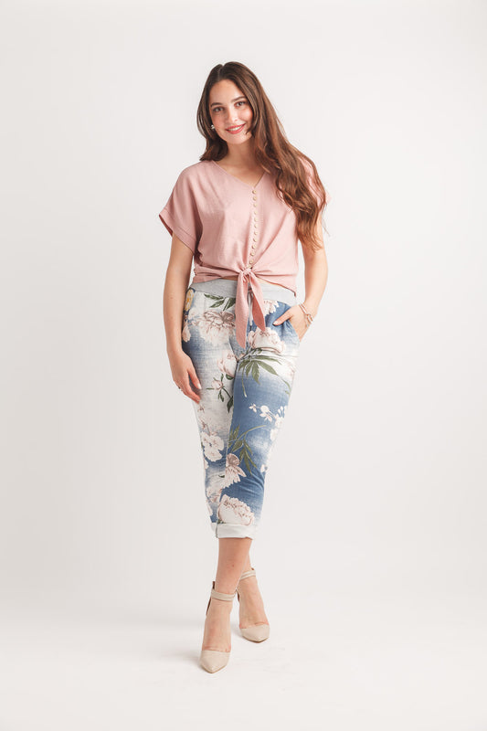 Papillon PP20811 Floral Stretch Cotton Blend Pant with Elastic Waist