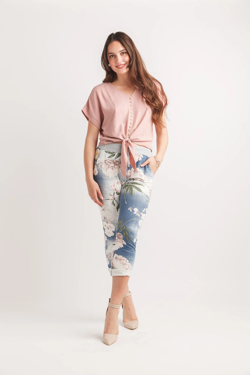 Papillon PT20054 Blush Textured Short Sleeve Button Tie Top
