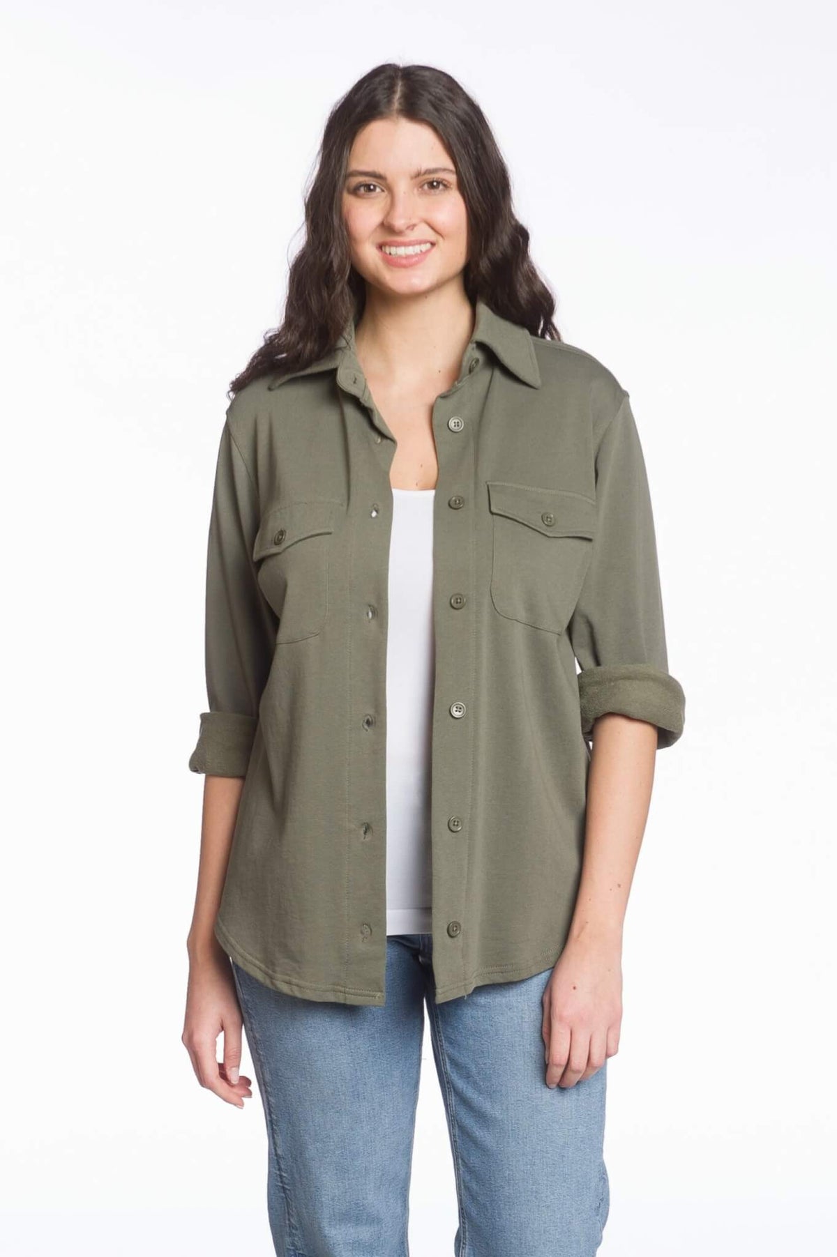 DKR Long Sleeve Fleece Shirt Jacket with Chest Pockets in Amy Green