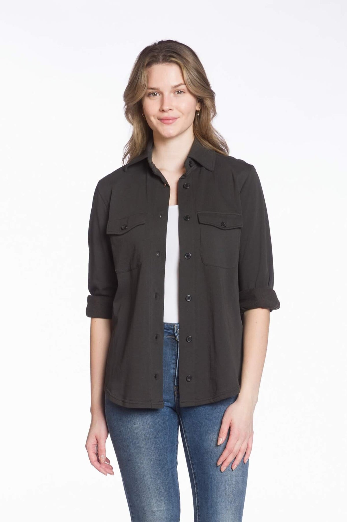 DKR Long Sleeve Fleece Shirt Jacket with Chest Pockets in Black