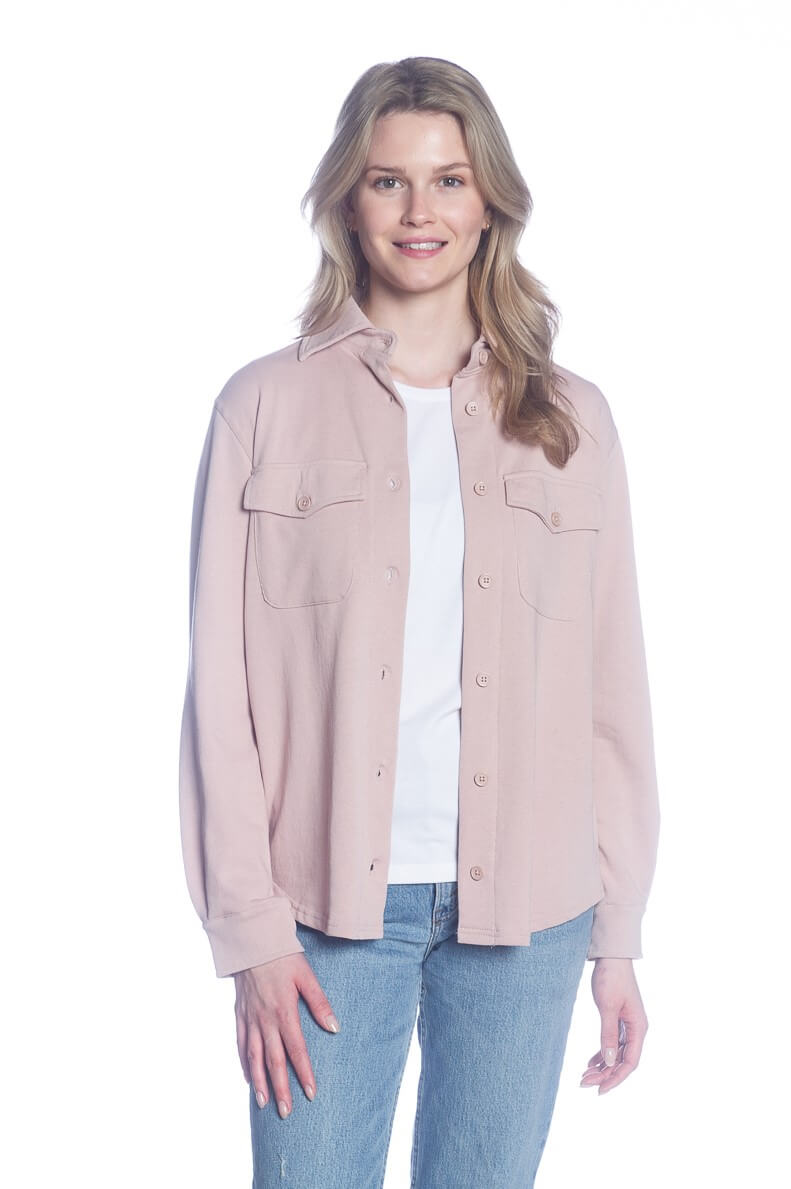 DKR Long Sleeve Fleece Shirt Jacket with Chest Pockets in Blush