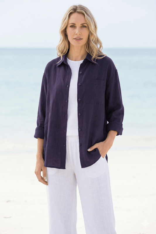 DKR Navy Long Sleeve Relaxed Fit Button Front Shirt with Chest Pocket