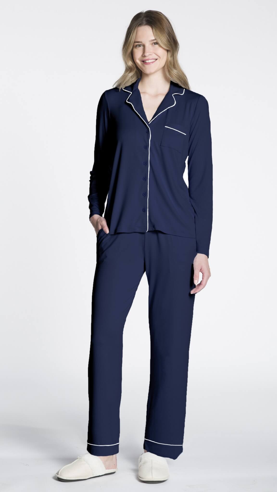 Long Sleeve Button Up PJ Set in Navy
