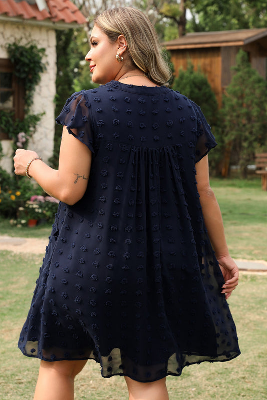 IG Navy Blue Dotty Textured Ruffle Dress
