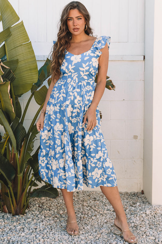 IG Sky Blue Floral Print Tiered Maxi Dress