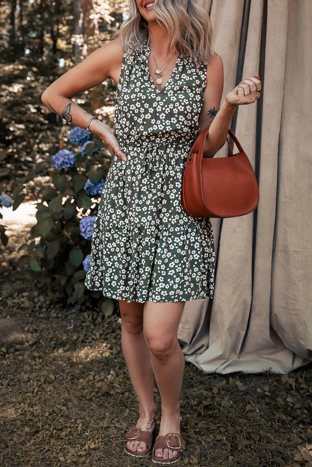 IG Green Boho Floral Print V Neck Tunic Sleeveless Dress