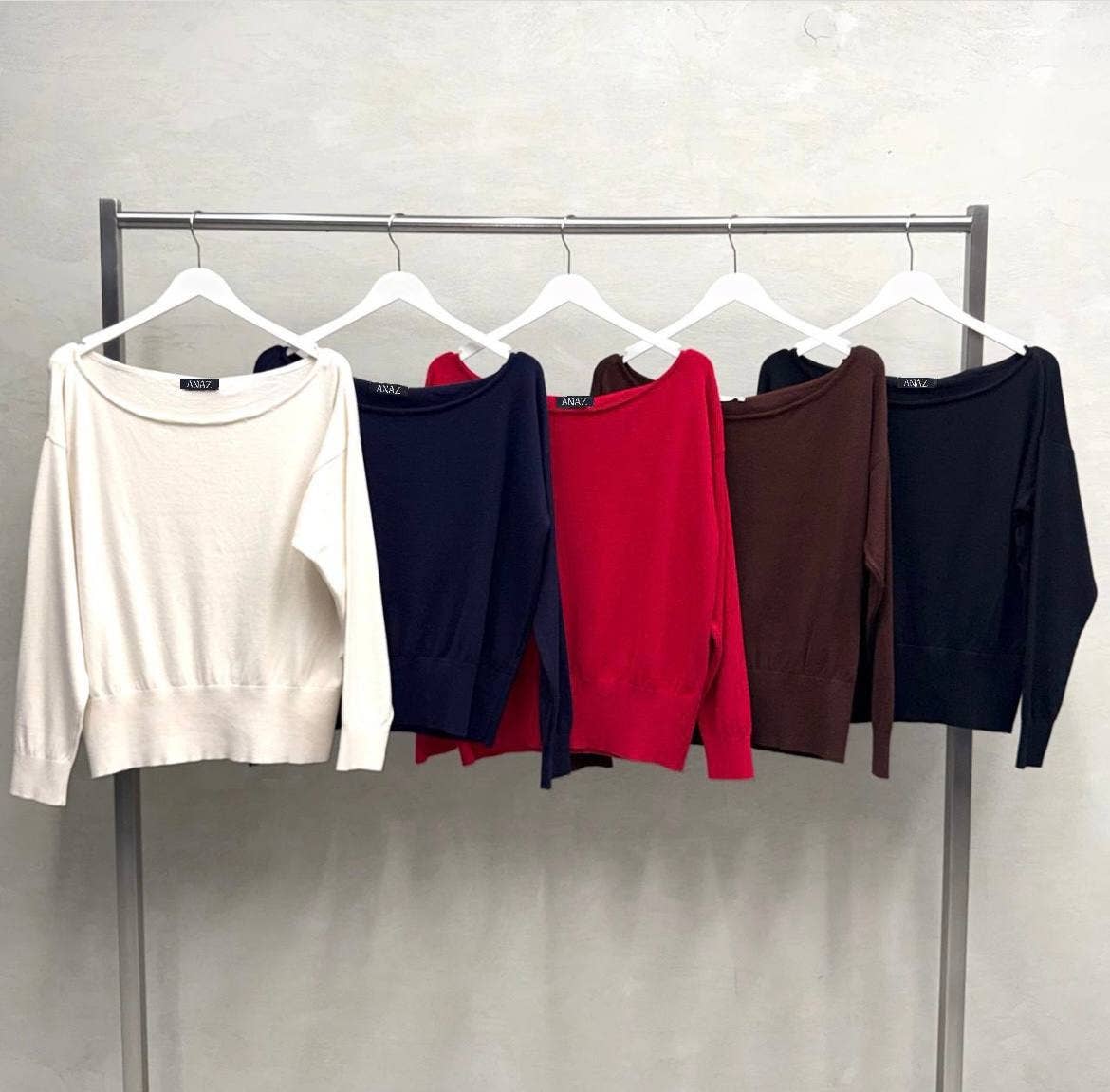 Off-the-Shoulder Long-Sleeve Knit Fall Sweater: Navy Blue