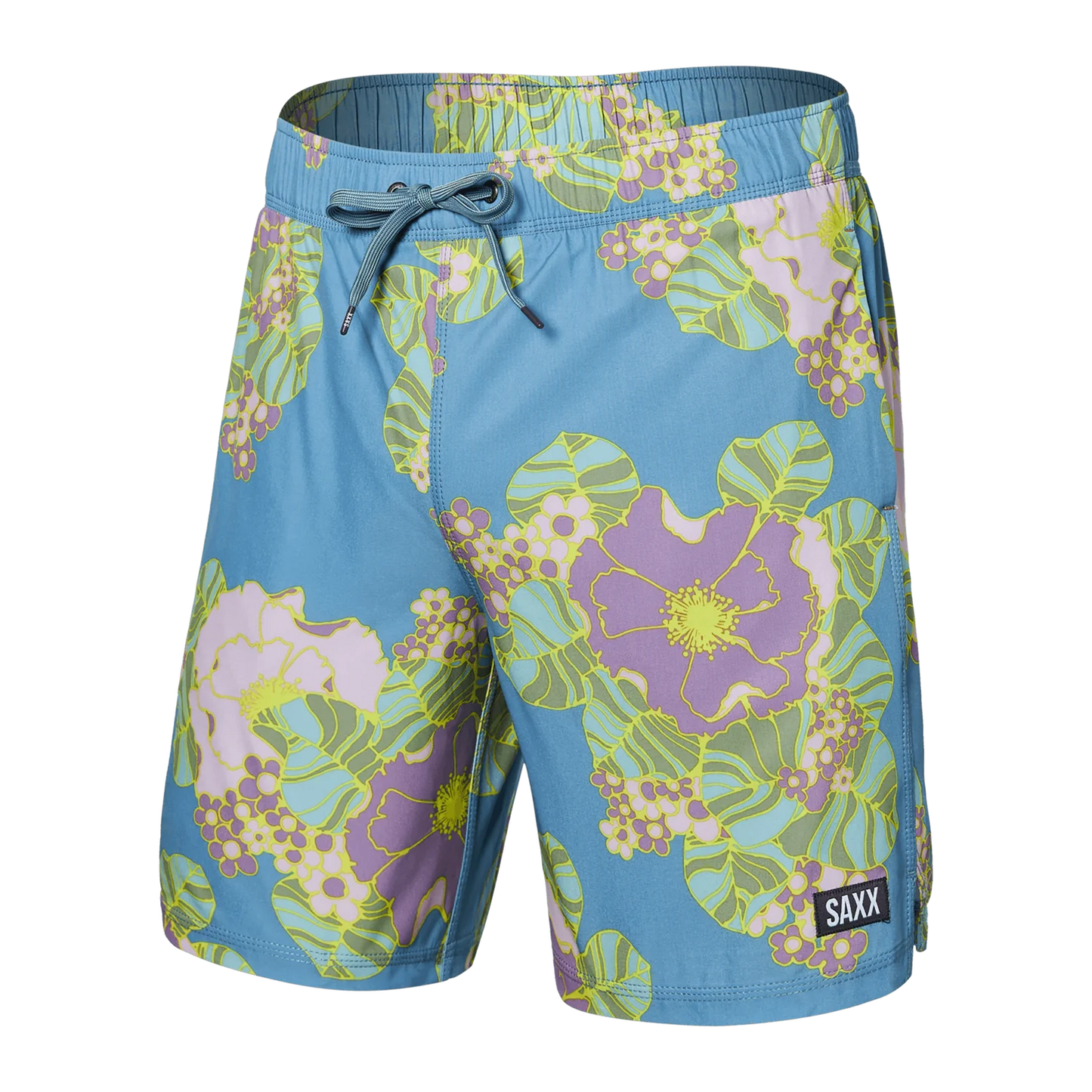 SAXX OH BUOY STRETCH VOLLEY Swim Shorts 7" / Big Bloom- Washed Blue