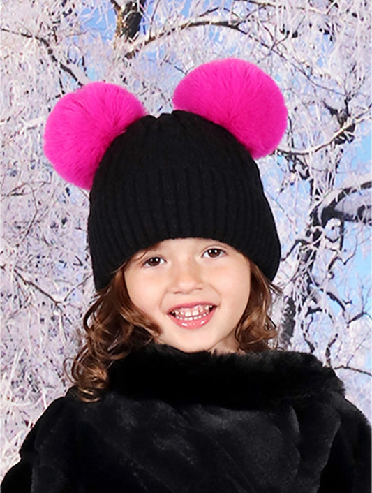 Youth Pom Pom Hat Black/Fuchsia